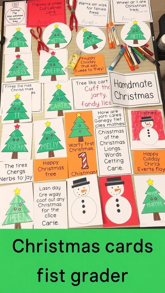 Christmas Card Craft for Grade 1 A collection of handmade Christmas cards with festive designs made by children, displayed on a table with art supplies.